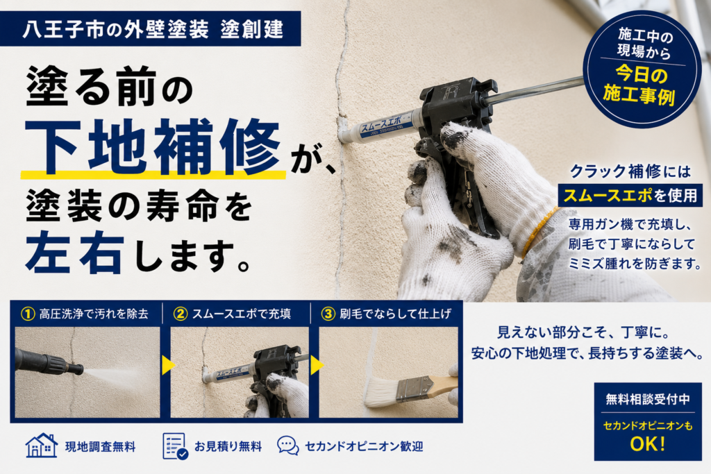 【八王子市の外壁塗装】塗る前の下地補修が、塗装の寿命を大きく左右します。