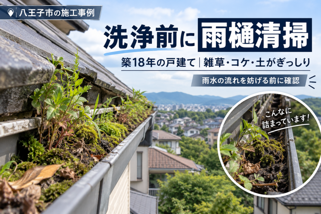 施工事例：八王子市｜築18年の戸建て・洗浄前の雨樋清掃