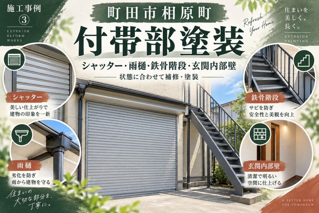八王子市のお隣・町田市相原町｜シャッター・鉄骨階段・雨樋など付帯部塗装｜建物に合わせた補修と施工