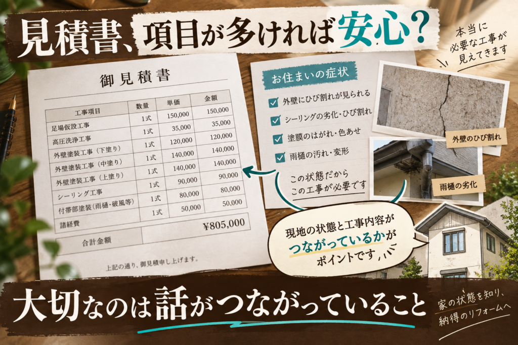 外壁塗装の見積書、項目が多いほど安心？｜大切なのは“話がつながっているか”